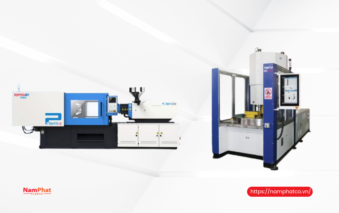 Các loại máy ép nhựa phổ biến gồm máy ngang, máy đứng, máy một màu và máy hai màu Các loại máy ép nhựa phổ biến gồm máy ngang, máy đứng, máy một màu và máy hai màu